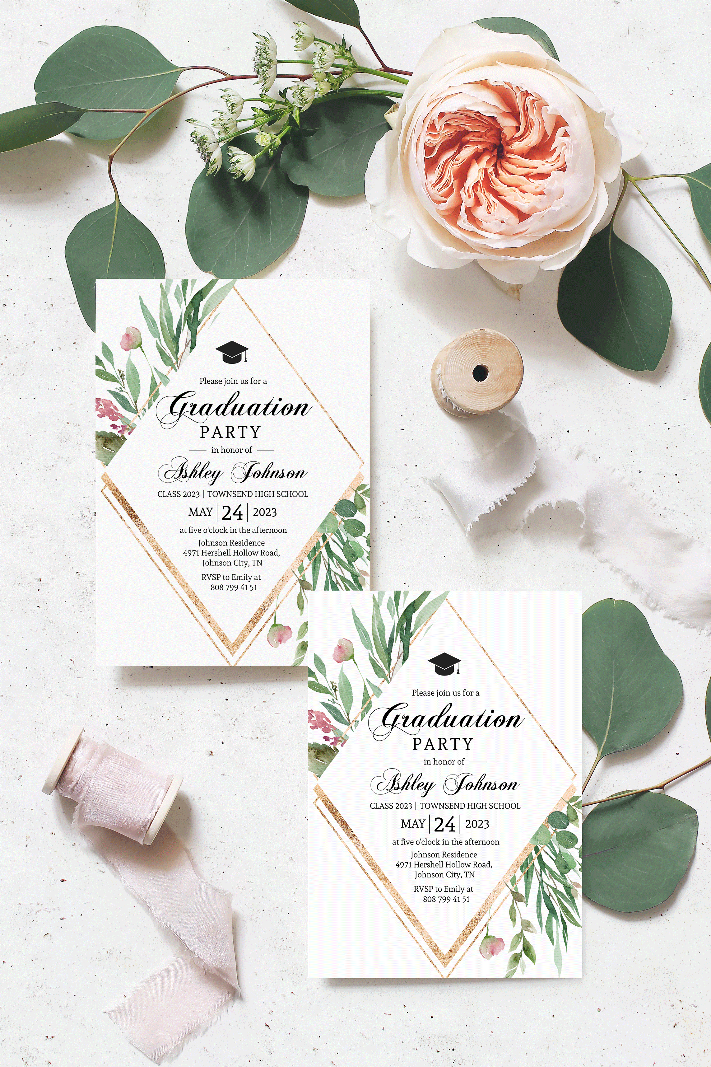 Floral Graduation Invitation Template, Elegant Gra Floral Graduation Invitation Template, Elegant Gra