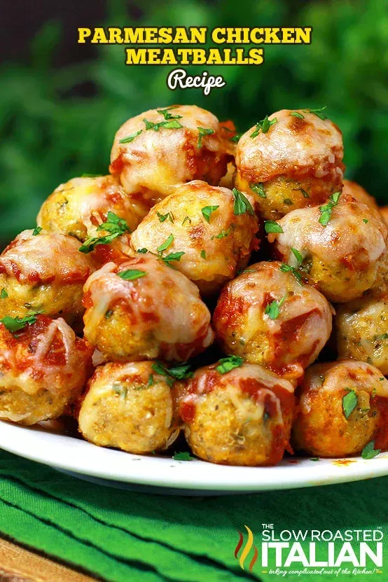This chicken parmesan meatballs recipe tastes just like chicken parmesan! Make some today with fresh ingredients and delicious marinara.