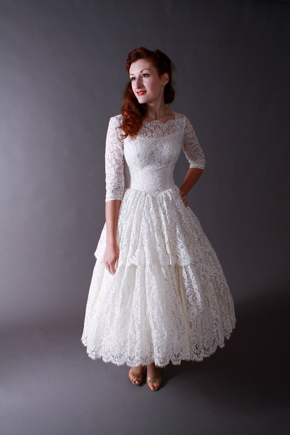 Vintage 1950s Tea Length New Look Wedding Dress of Chantilly | Etsy