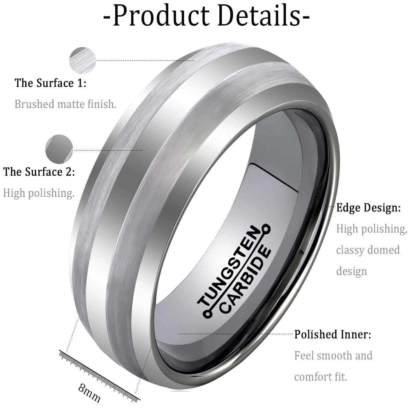 King Will Nature 8mm Mens Tungsten Carbide Ring Brushed Dome Wedding Band with Wood Inner Comfort Fit