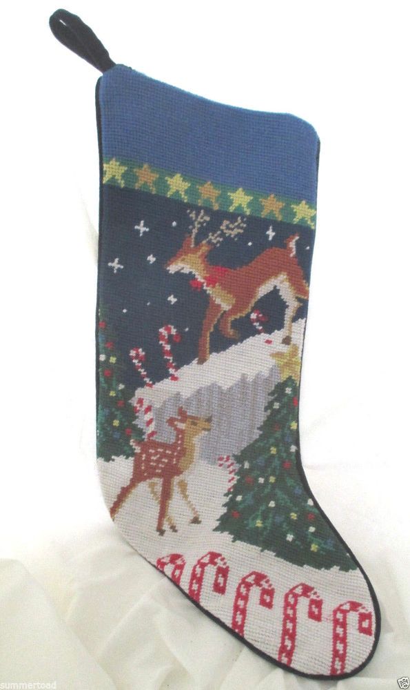 Reindeer Needlepoint Christmas Stocking Lands End New Handstitched