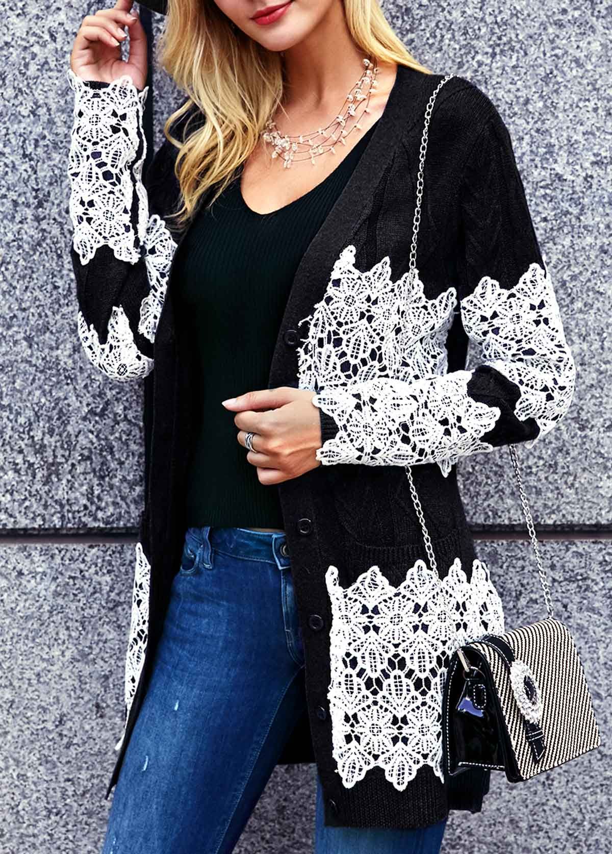 Button Front Long Sleeve Crochet Detail Black Cardigan | Fashion