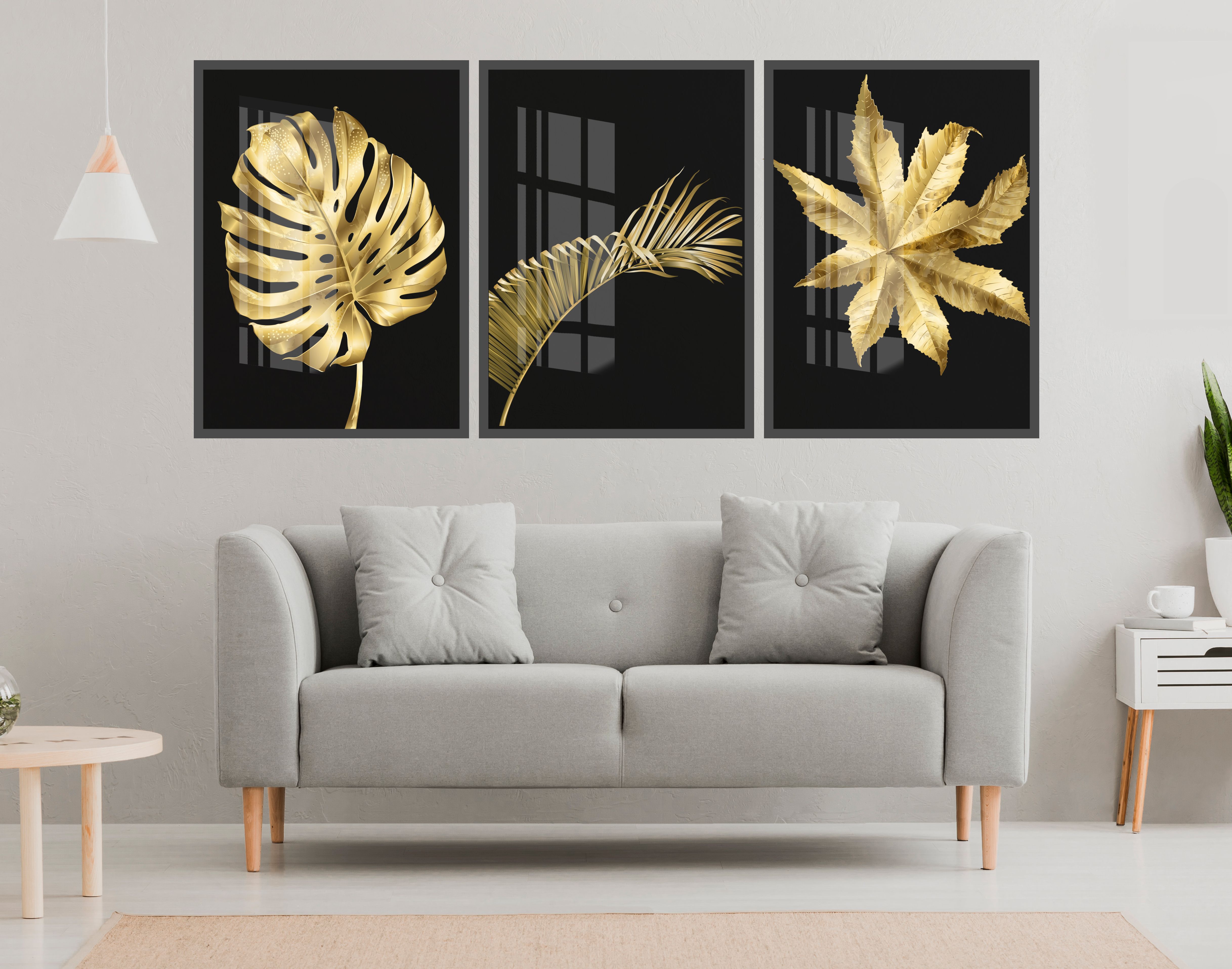 Folhas douradas trio Conjunto de quadros decorativos - ArteLinear