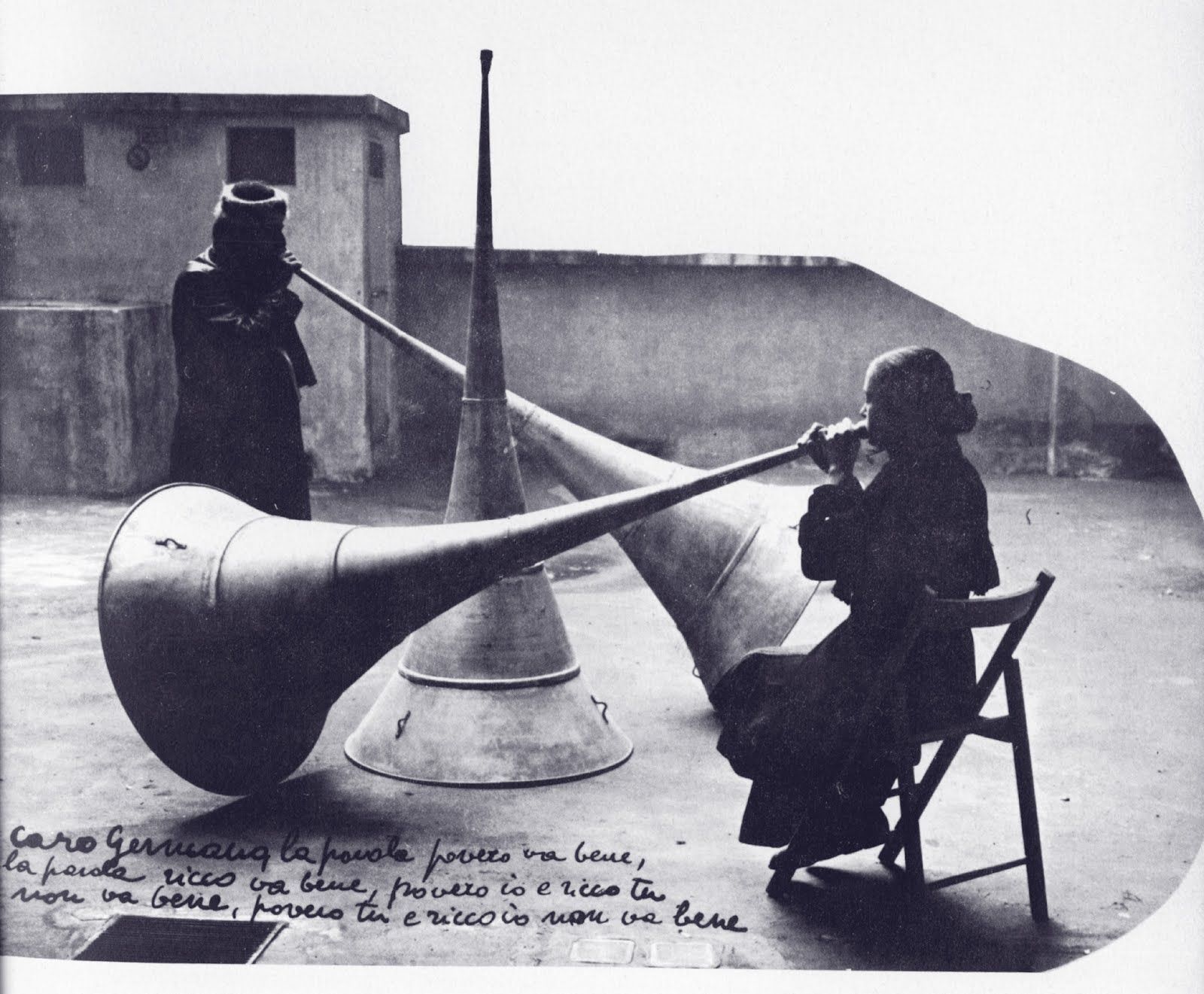 Michelangelo Pistoletto And Maria Poppi Performance View Of Le Trombe Del Giudizio Rome 1968 Tromba Musical Michelangelo