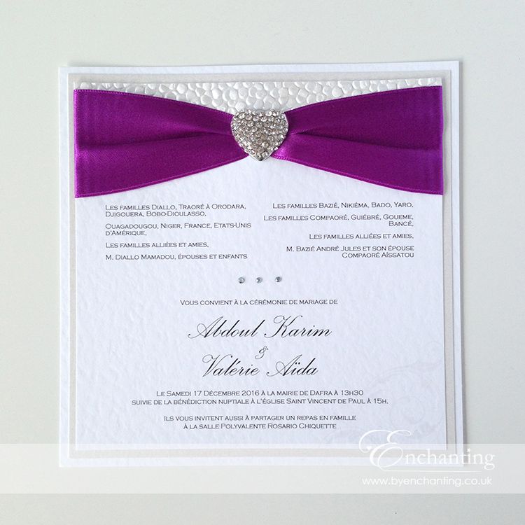 Purple Wedding Invitation The Ariel Collection Bespoke Flat Purple Wedding Invitation The Ariel Collection Bespoke Flat Postcard Featuring White Pebble Paper Bright Violet Ribbon And Diamante