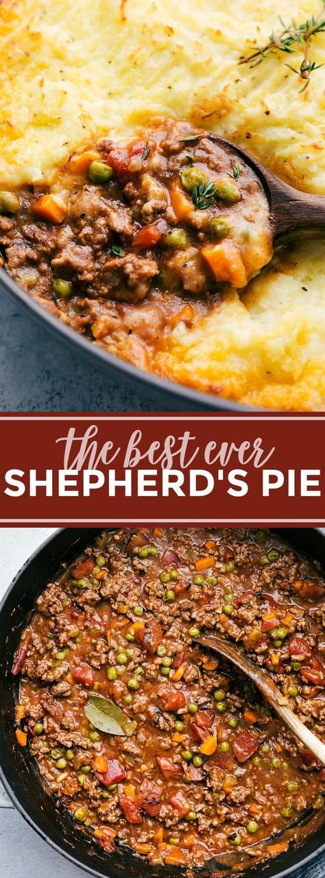 The ultimate BEST EVER Shepherd's Pie! A delicious and simple dinner! via chelseasmessyapron.com (try with Yukon gold and russet potatoes like she says; don’t use grape juice because it is too sweet try 1/4 cup wine and 1/4 cup chicken broth to lighten it and could up to 1/2 cup wine if not too strong, don’t use cast iron skillet because it will overflow, don’t go over on liquids, add enough flour to take away the shine on the meat, cw) #simplehealthydinner