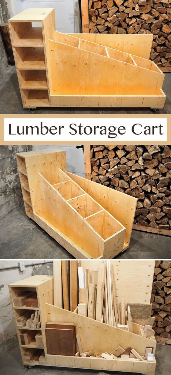 I came up with my ideal lumber storage cart and created the build plans from scratch which you can download from my website. Kids Woodworking Projects, Wood Projects Plans, Wood Craft Projects, Wood Crafting Tools, Wood Plans, Teds Woodworking, Popular Woodworking, Carpentry Projects, Woodworking Machinery