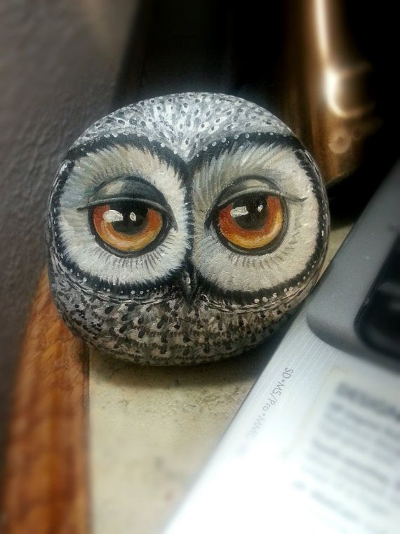 Grey+Owl+Rock+Pet+painted+rocks+by+Shelli+Bowler+by+Naturetrail Rock Painting Designs, Rock Painting Art, Pebble Painting, Pebble Art, Stone Painting, Painting Crafts, Stone Crafts, Rock Crafts, Caillou Roche