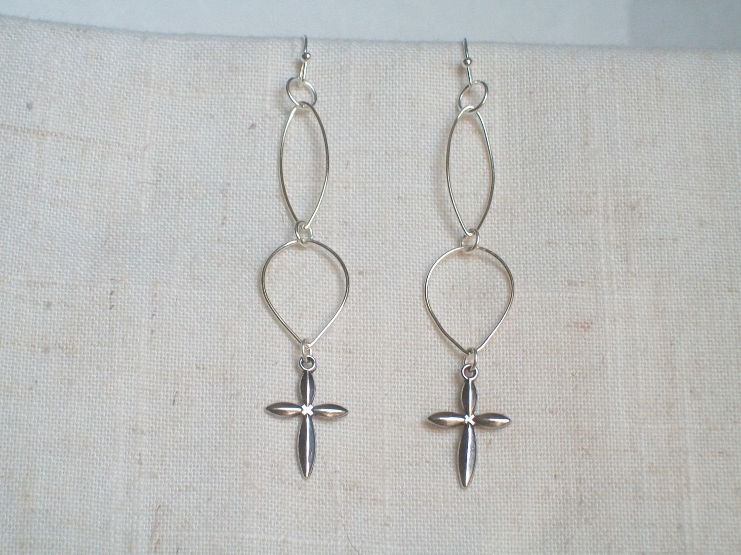 Tiny Cross Earrings Art Deco Style Silver Icon Dangle Tiny Cross Earrings Art Deco Style Silver Icon Dangle