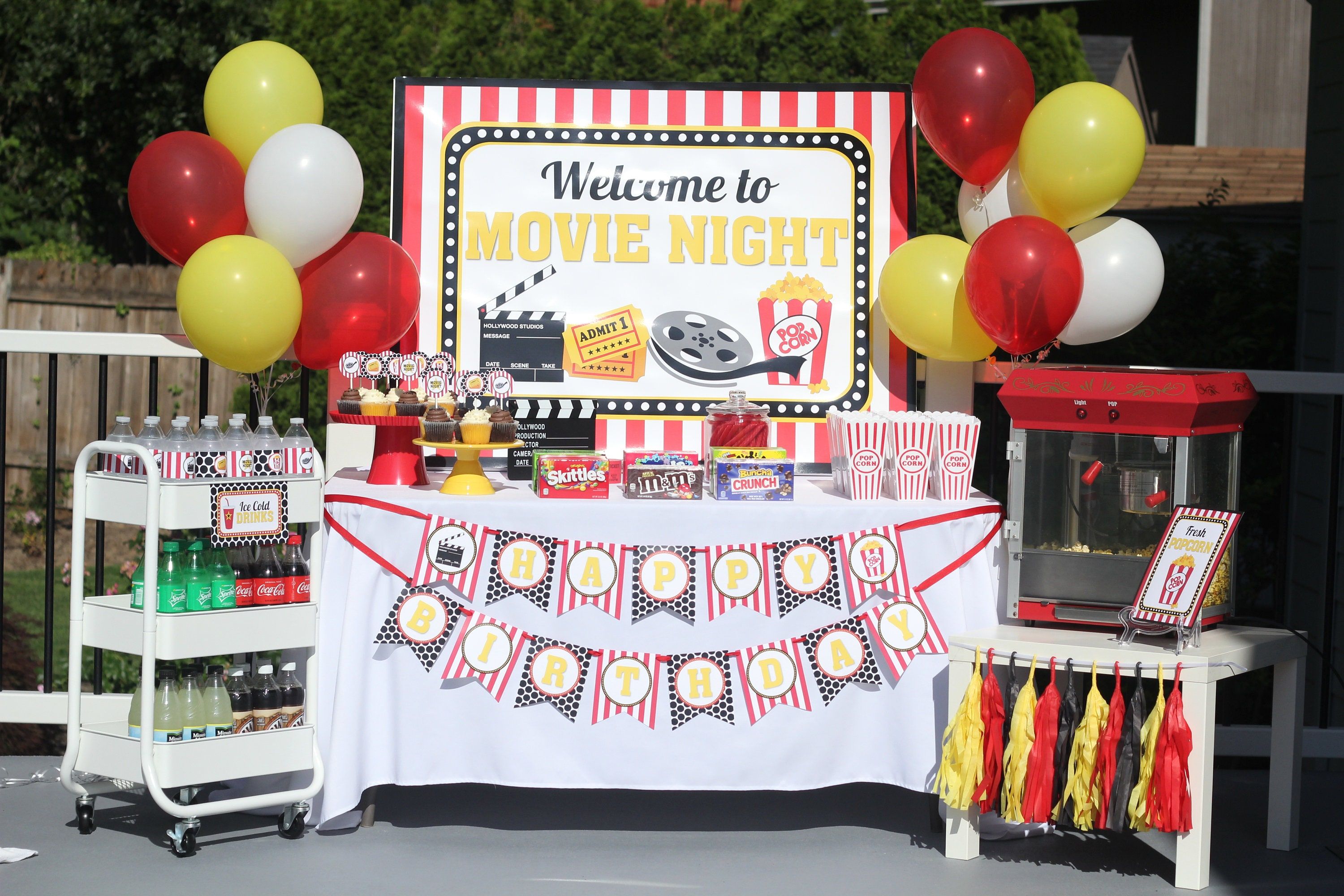 "This listing is for digital files of my printable MOVIE NIGHT party line. You will receive high resolution files of each product listed below: Happy Birthday banner Favor Tags Thank You Cards Cupcake Toppers Treat Bag Toppers Water Bottle Labels Centerpiece Circles Tent Cards Large Movie Image Cut Outs Party Signs (Multiple Styles and Sizes) *The file is available IMMEDIATELY after purchase. *Edit the file at home using the latest version of Adobe Reader (a free prorgam). *You can edit set fiel Movie Theatre Birthday Party, Movie Night Party, First Birthday Parties, Birthday Party Decorations, Bday Party, Party Themes, Birthday Ideas, 7th Birthday, Party Ideas