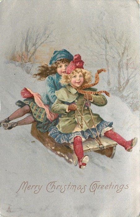 Christmas Kids Sledding Lillian Vernon Post Card Unused Children playing in snow
