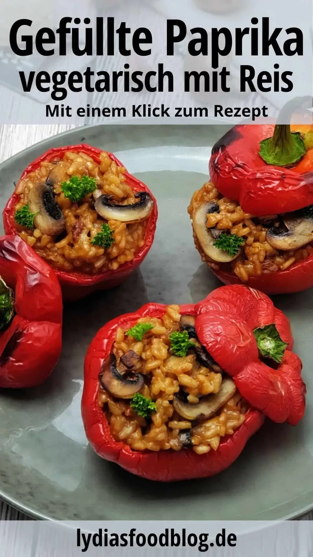 Gefüllte Paprika mit Tomatenrisotto überbacken aus dem Ofen. Gefüllte Paprika ist immer wieder sehr beliegt. Oft wird die Paprika mit Hackfleisch gefüllt und mit Käse überbacken. Aber auch die vegetarische Variante ist sehr lecker. Eine tolle Abwechslung zum beliebten Klassiker. paprika ofengericht backofen einfach vegetarisch gemüse rezepte kochen familienessen lydiasfoodblog