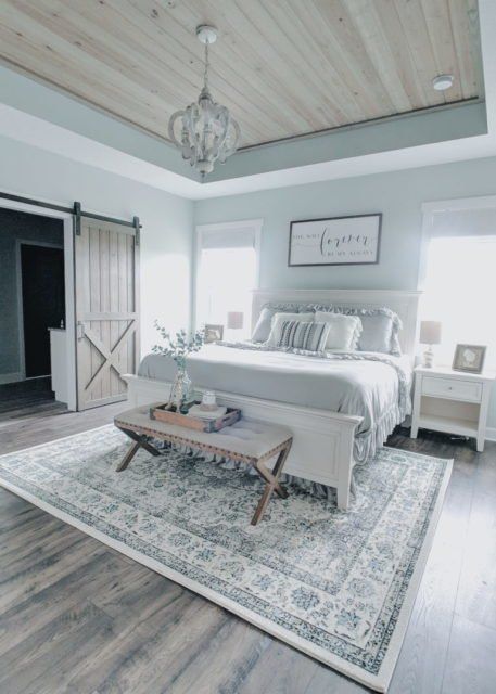 Creating a Farmhouse Master Bedroom You'll Love | Start at Home Decor Farmhouse Master Bedroom, Master Bedroom Makeover, Master Bedroom Decorating Ideas, Bedroom Rustic, Dream Master Bedroom, Master Bedroom Color Ideas, Romantic Bedroom, Farmhouse Bedroom Light Fixtures, Master Bedroom Furniture Ideas