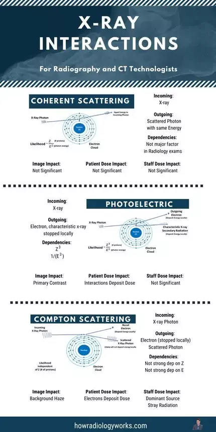 X-Ray Interactions, Illustrated Summary (Photoelectric, Compton, Coherent) for Radiologic Technologists and Radiographers Radiology Schools, Radiology Technician, Radiology Technologist, Radiology Imaging, Medical Imaging, Arrt Exam, Radiography Student, Rad Tech Student, Studio