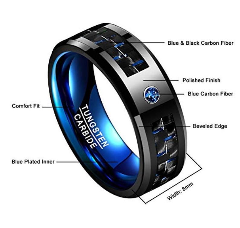 Reg. 299.95 8mm Sapphire Blue over Black Tungsten Carbide Ring | Etsy Tungsten Carbide Wedding Rings, Tungsten Rings, Clear Your Mind, Birthstone Colors, Hard Metal, Coin Ring, Unique Gemstones, Zirconium, Beveled Edge