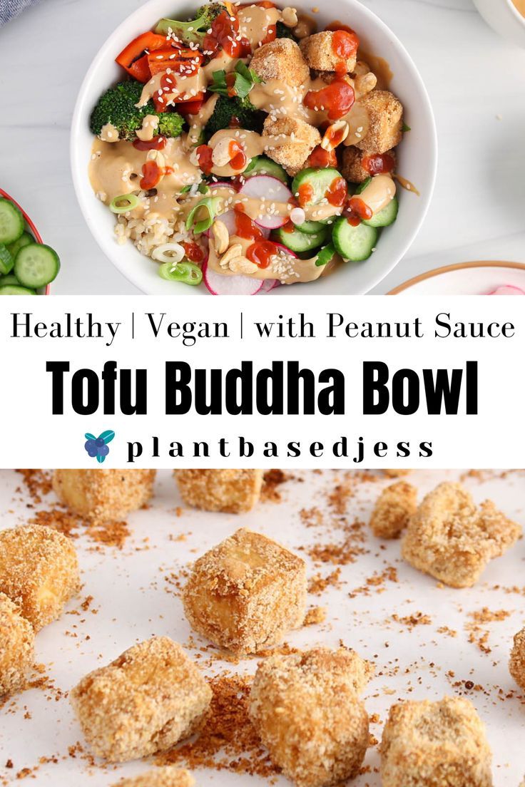 Close up picture on a tofu buddha bowl and a baking sheet with baked crispy tofu bites. Peanut Sauce Tofu, Peanut Butter Sauce, Plant Based Dinner, Plant Based Breakfast, Quick Healthy, Healthy Vegan, Healthy Recipes, Crispy Tofu, Baked Tofu