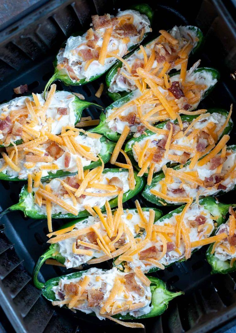 Air Fryer Jalapeno Poppers are so easy and unbelievably delicious. Air fried jalapeños filled with cream cheese, bacon and cheddar is the best appetizer recipe for holidays, parties or game day. #jalapenopoppers #airfryerrecipes #airfryer #airfriedfood #appetizerrecipes #partyfood New Air Fryer Recipes, Air Fyer Recipes, Cooking Recipes, Healthy Recipes, Yummy Recipes, Keto Recipes, Healthy Food, Best Appetizer Recipes, Low Carb Appetizers