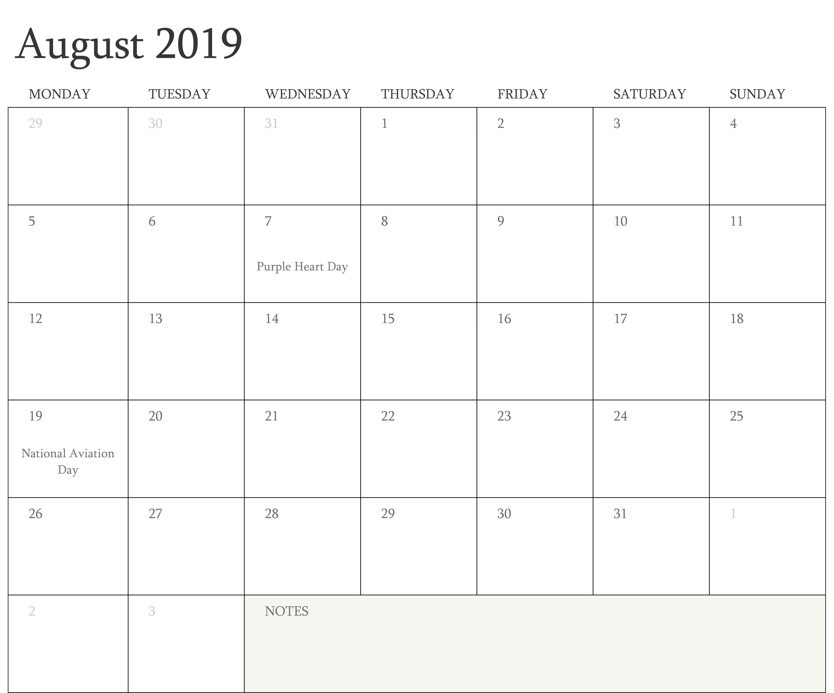 August 2019 Calendar Printable Editable For Pinterest And Word Monthly Calendar Printable Printable Calendar Template Editable Calendar