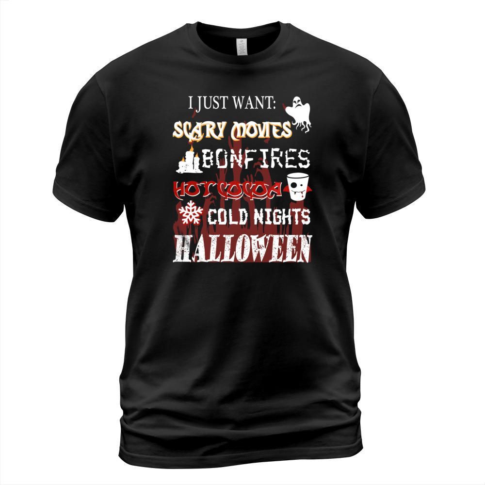 #halloweenFree shipping for orders over $50.00 . 20% Off with code THANK20 . Shop I Just Want Scary Movies Bonfires Hot Cocoa Cold Nights Halloween T-shirt T-shirt Unisexhalloween custom made just for you. Available on many styles, sizes, and colors. Gold T Shirts, Bonfires, Free Halloween, Cold Nights, Scary Movies, Hot Cocoa, Christmas Sweaters, Types Of Sleeves, Shirt Designs