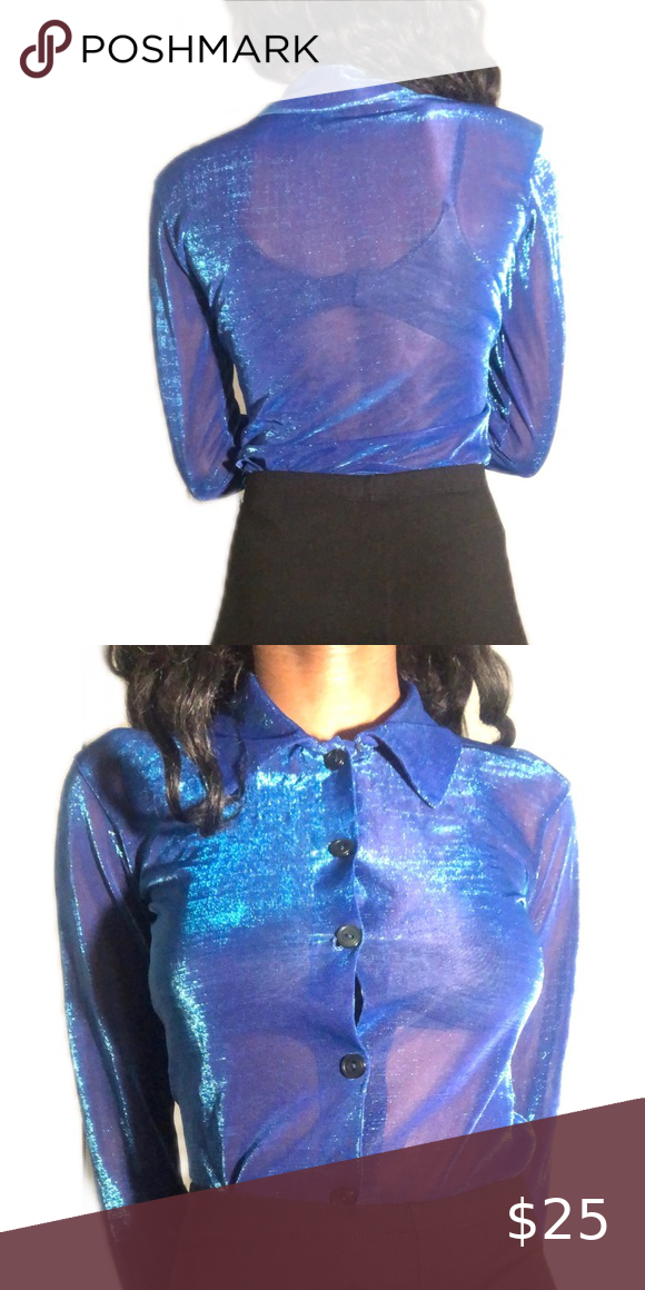 Vintage 90s Sheer Blue Black Button Front Top