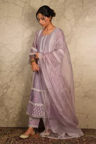 Shop for Akriti by Ritika Purple Chanderi Kurta Pant Set for Women Online at Aza Fashions Kurta With Pants, Lace Border, Straight Pants, Flared Sleeves, Women Online, Organza, Lace Trim, Pants Set, Types Of Sleeves