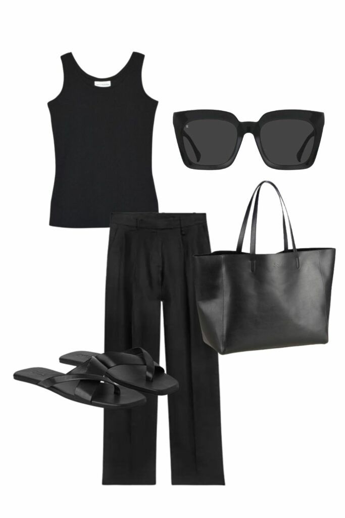 Some of the best pieces on the market come in elegant, effortlessly cool polished black. There is no chance to skip wearing black in the summer then. And you shouldn’t be even trying. Black can be a good choice of colour to wear even in summer. It might not be the first choice to think of but definitely one of the most stylish options. Once you decide to wear black in summer keep reading about how to wear black stylishly in the hottest months of the year. Top // Trousers // Slides // Tote Daily Outfits, Casual Outfits, Summer Outfits, Daily Outfit Inspiration, Outfit Inspirations, Summer Wear, Spring Summer Fashion, Effortlessly Chic Outfits, Style