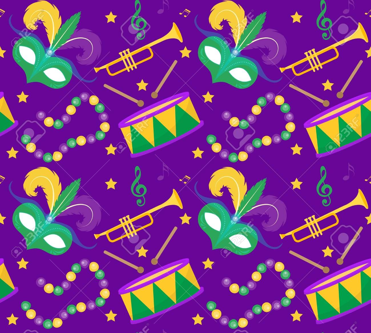Mardi Gras Carnival Seamless Pattern With Mask Feathers Beads