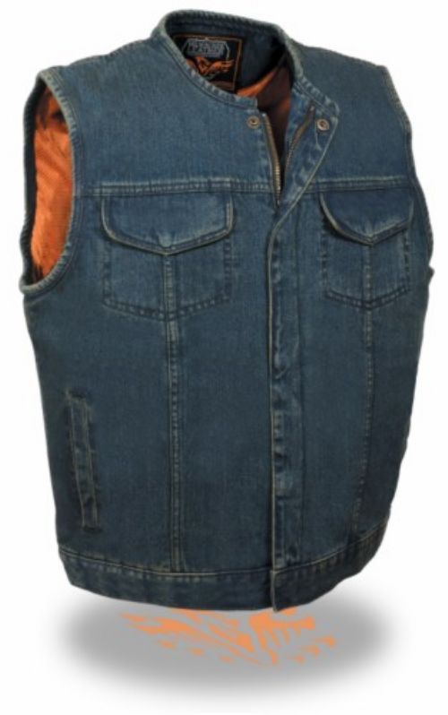 SADI MENS MOTORCYCLE DENIM VEST w// LEATHER TRIMS~LACES~DUAL CONCEAL GUN POCKETS
