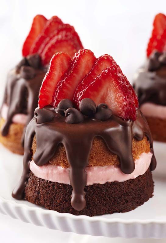 Mini Strawberry & Chocolate Party Cakes Bite Size Desserts, Just Desserts, Cake Desserts, Dessert Recipes, Party Desserts, Cupcake Recipes, Party Food, Mini Cakes, Cupcake Cakes
