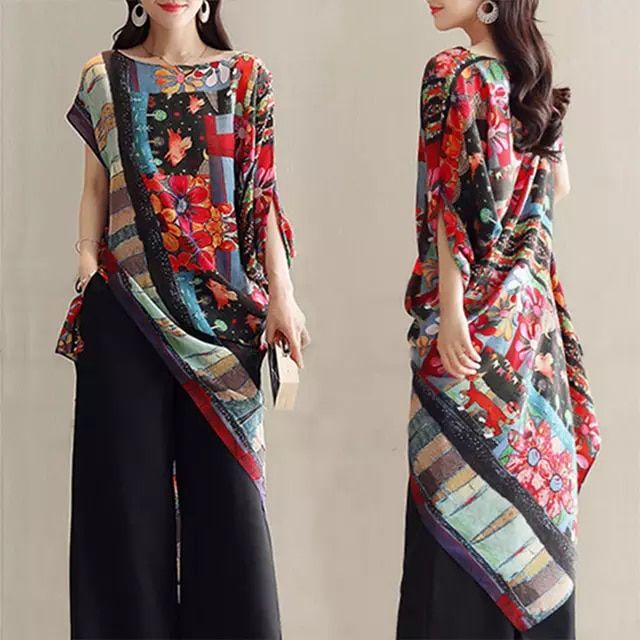 2019 Spring Women Bohemian Print Blouse Asymmetrical Hem Blusa Ethnic Batwing Sleeve Party Shirt Casual Loose Tops Plus Size Folk Fashion, Vintage Fashion, Womens Fashion, Ladies Fashion, Cheap Fashion, Fashion Fashion, Fashion Online, Mode Style, Chic Style