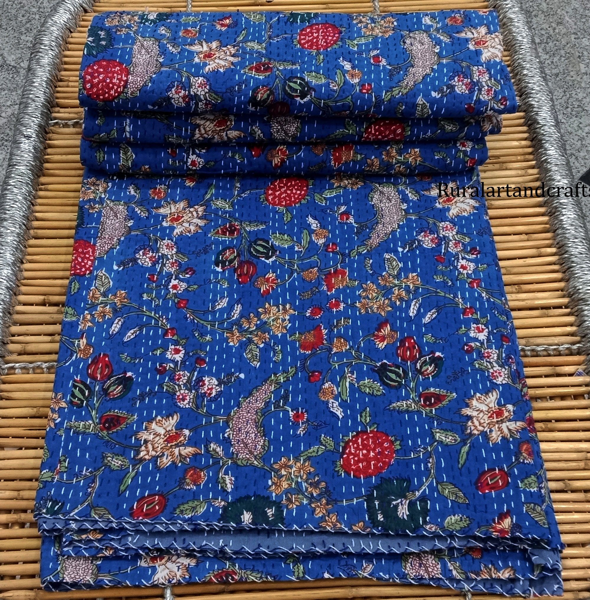 Kantha Hand Stitched Bedspread Blanket New Floral Print Cotton Quilt Amazing vintage Kantha Quilt Kanttha Sofa Cover Decor California King