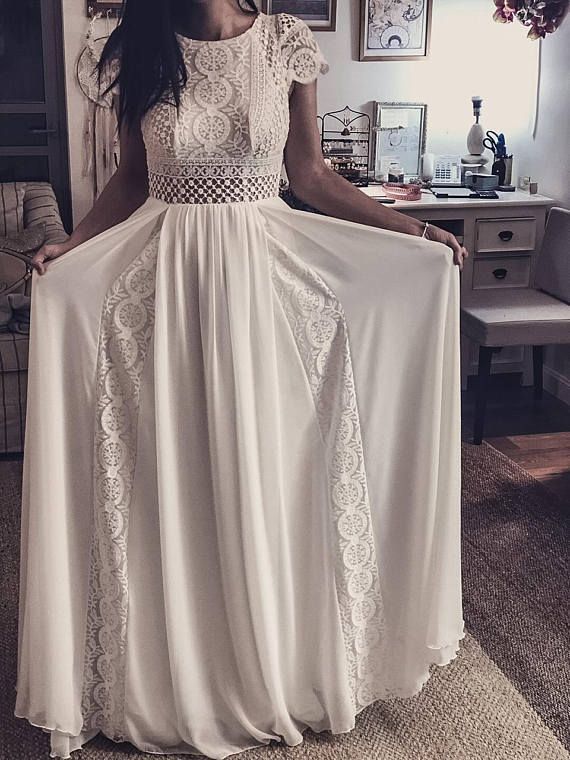 #Boat #Boho #crochet #Dress #Inspirational #Ivory #ladies #neck #Short #Sleeve #Vintage - Short Sleeve Ladies Dress Vintage Ivory Inspirational BOHO Boat Neck Crochet Chiffon Geometric Lace Beach Wedding KALA KALA #hochzeitskleiderhäkeln