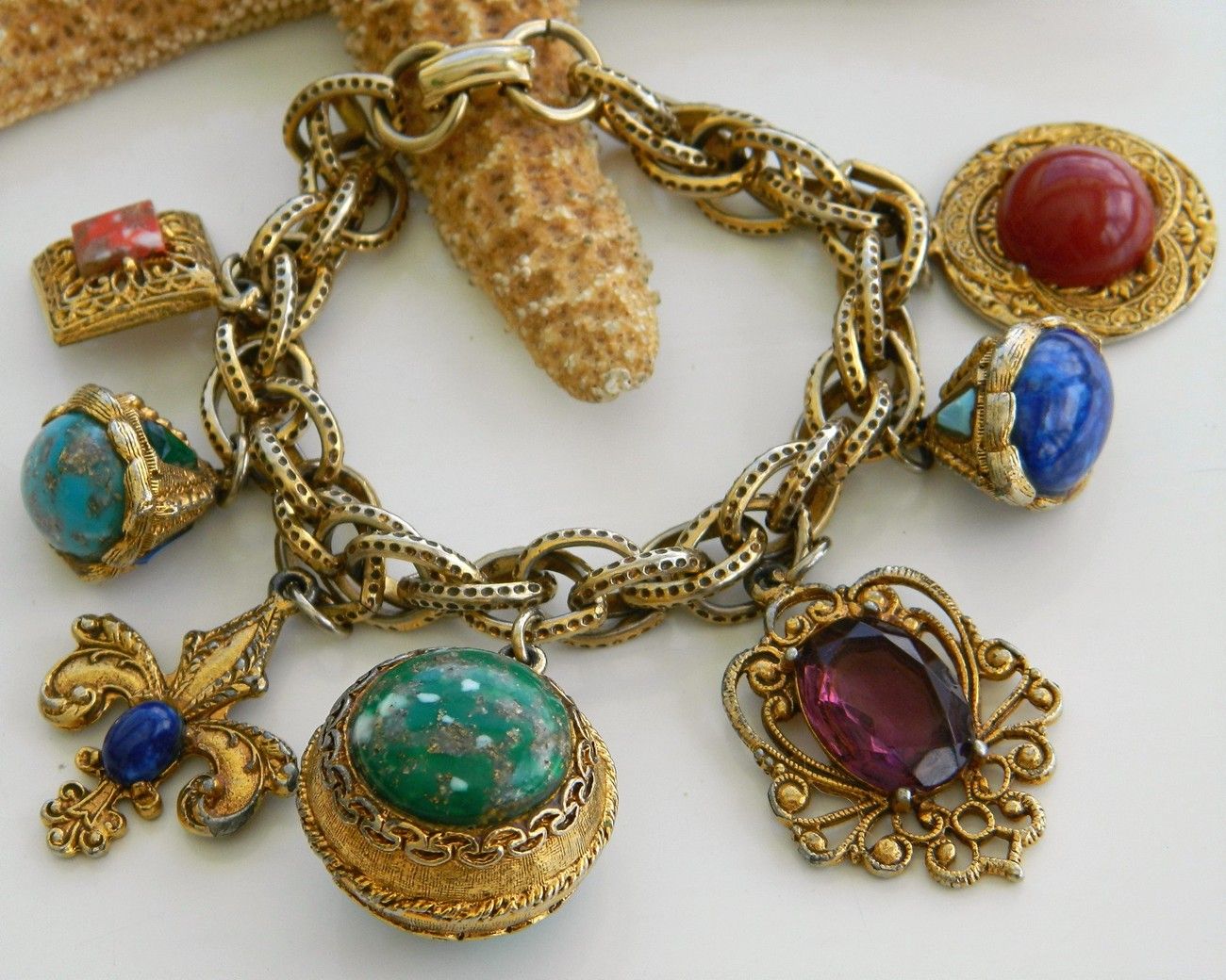 Vintage Chunky Charm Bracelet Lanterns Cabochons Fob 1950s 94 95 Obo Vintage Chunky Charm Bracelet Lanterns Cabochons Fob 1950s