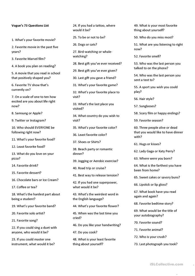 73 Questions (conversation/Interview practice) English ESL Worksheets