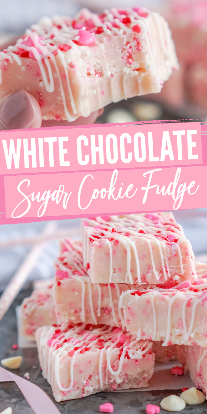 White Chocolate Sugar Cookie Fudge! Easy Recipe for Valentine's Day or Easter! This No Bake Holiday Dessert is one of our favorite treats to give to friends and family! #lemonpeony #whitechocolate #fudge #recipe #nobakedesserts Fudge Recipes, Candy Recipes, Dessert Recipes Easy, Baking Recipes, Amish Recipes, Dessert Ideas, Valentines Day Desserts, Holiday Desserts, Holiday Recipes