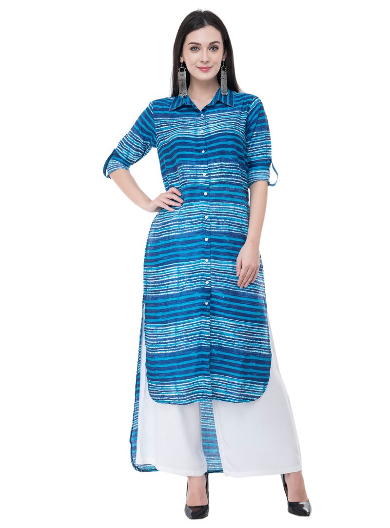 Shop Blue Rayon Readymade Kurti 153067 online at best price from vast collection of designer kurti at Indianclothstore.com. High Low Kurti, Black Saree, Art Silk Sarees, Silk Lehenga, Kurti Designs, Indian Wear, Printed Blouse, Stripe Print, Blue Fabric