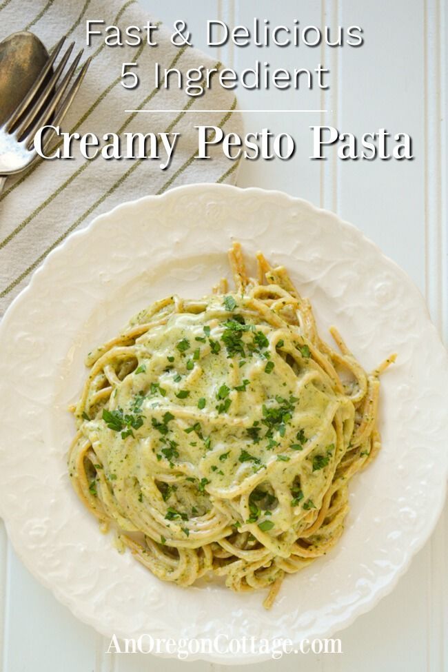 Creamy basil pesto pasta is one of those recipes you'll be glad you have on busy weeknights! This easy, 5 ingredient sauce is ready in the time it takes the pasta to cook and is a real food healthy pasta. Serve as is with a salad for a vegetarian meal or add chicken or shrimp, it's all good. Creamy Pesto Pasta Recipe, Easy Pesto Pasta, Pesto Sauce Recipe, Easy Pesto Recipe, Recipes With Pesto Sauce, Pesto Sauce For Pasta, Whole Food Recipes, Dinner Recipes, Cooking Recipes
