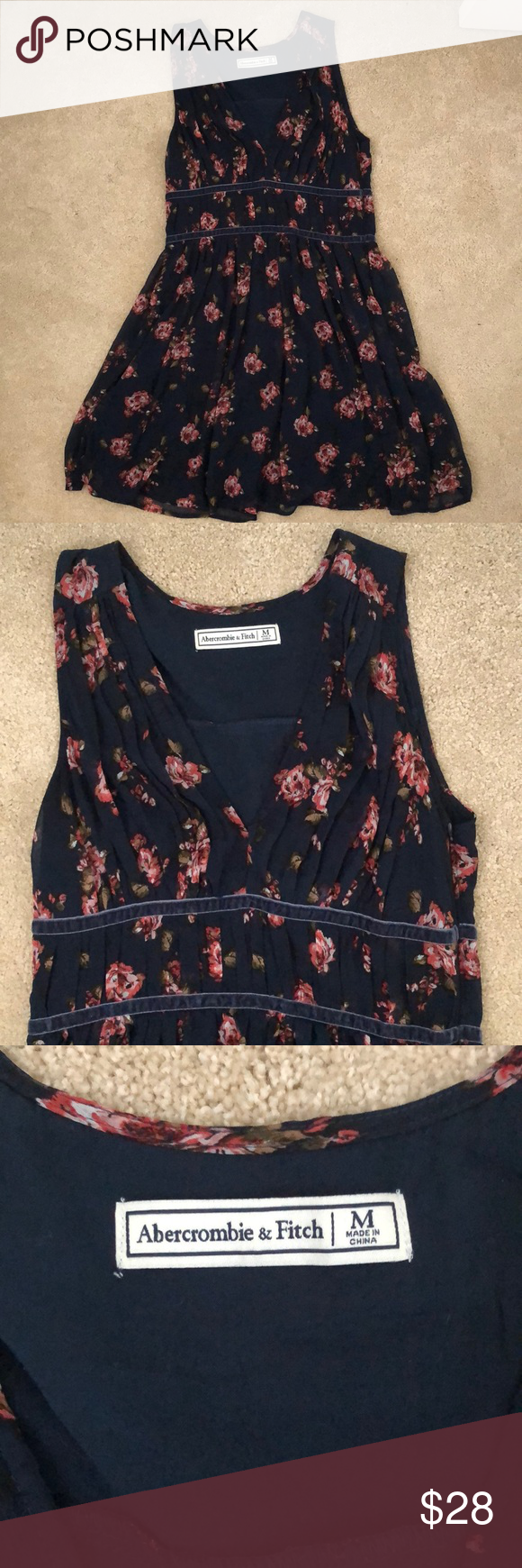 Abercrombie & Fitch Navy/ Rose Sleeveless Sundress Sheer navy w/ rose pattern short sundress with a navy lining. Side zip. Ruched v-neck with velvet embellishment. Sleeveless with full back. Abercrombie & Fitch Dresses Mini #shortsundress