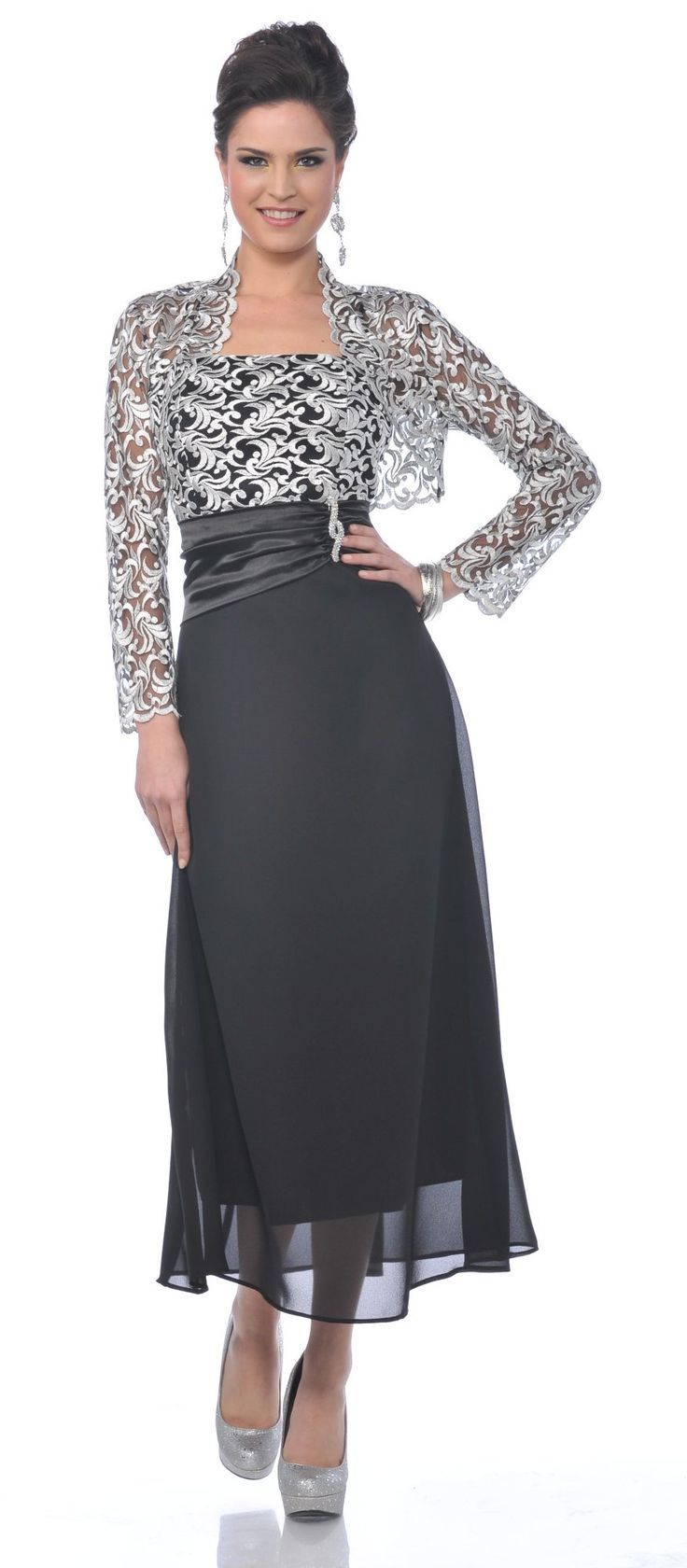 Mother Of The Bride Tea Length Gowns Black Silver Embroider Top Mother Of The Bride Tea Length Gowns Black Silver Embroider Top