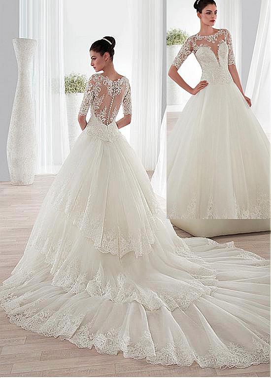 Magbridal Alluring Tulle Jewel Neckline 2 In 1 Wedding Dresses With Sequins Lace Appliques