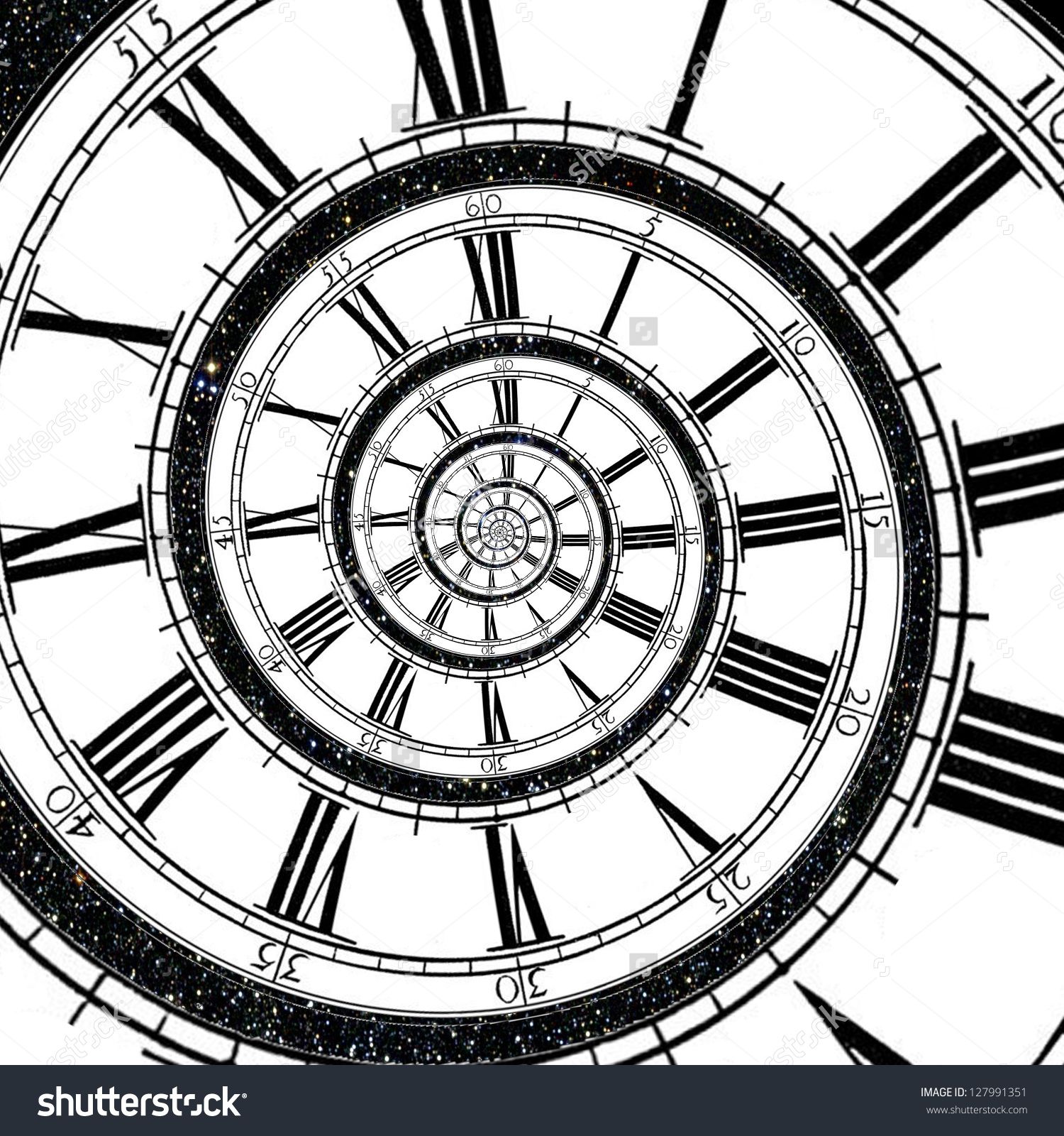 Clock Face Stretches As A Spiral Into Infinity With Sky Full Of Clock Face Stretches As A Spiral Into Infinity With Sky Full Of