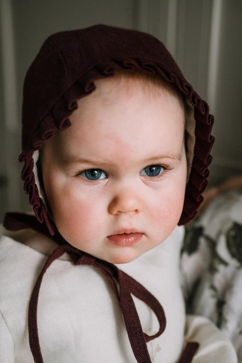 Download Linen baby bonnet with brim, bonnet for girl, ruffle brim bonnet, vintage baby, natural clothes ...