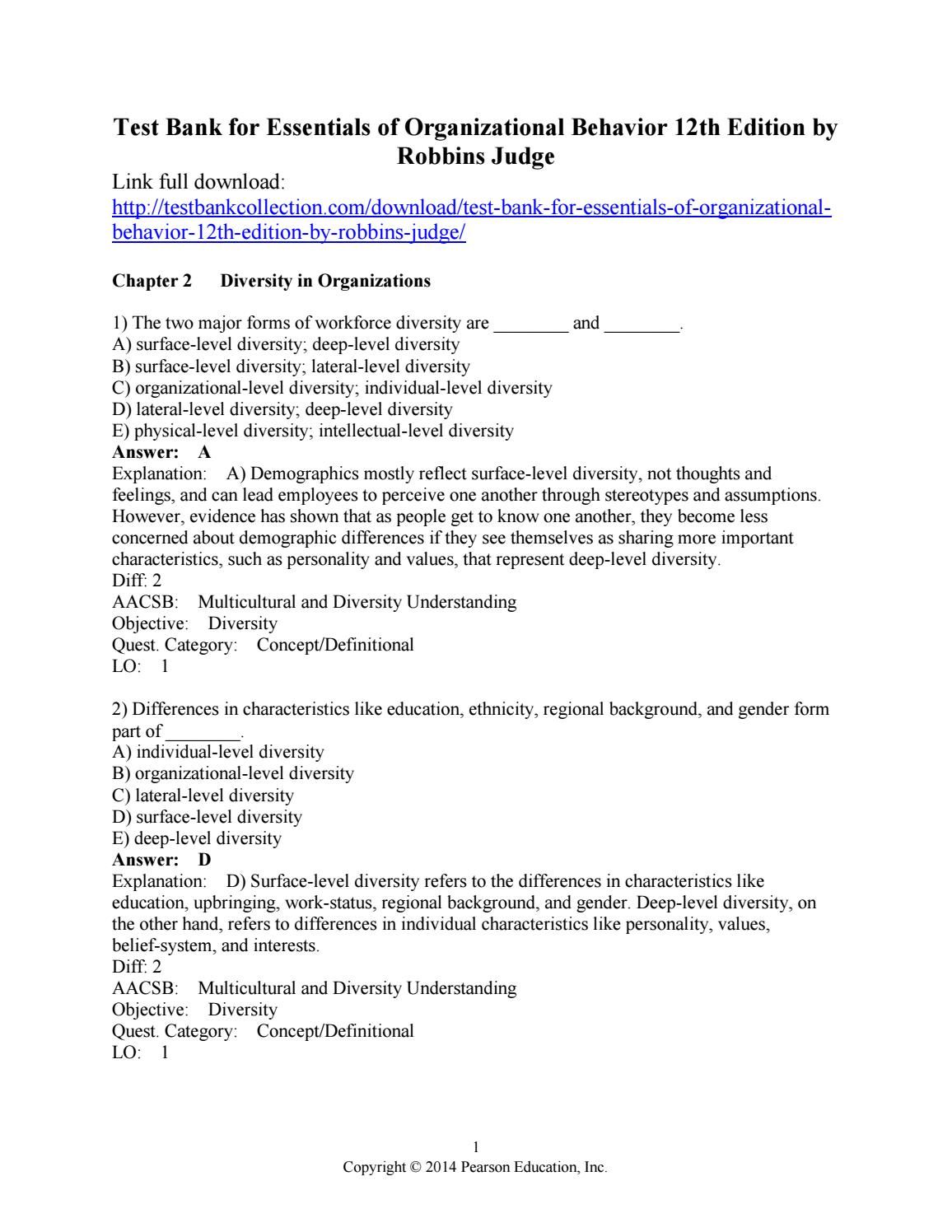 Download test bank for essentials of organizational behavior 12th edition by robbins judge Organizational Behavior,
