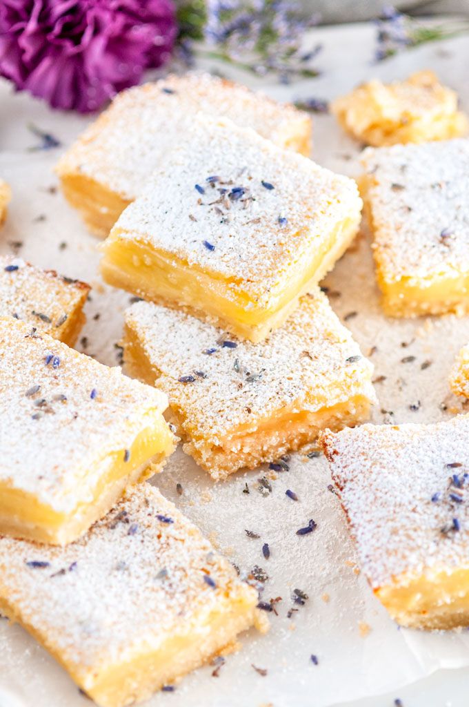 Lavender Lemon bars - A spring time, subtle floral twist on the classic sweet and tart dessert. Just add a little lavender extract and some lavender buds! From aberdeenskitchen.com #lavender #lemon #bars #baking #dessert #spring #recipe #sweet #tart Spring Recipes Vegetarian, Spring Recipes Dinner, Spring Recipes Dessert, Spring Dinner, Spring Meals, Dinner Ideas, Spring Baking Recipes, Spring Time Desserts, Dessert Bars