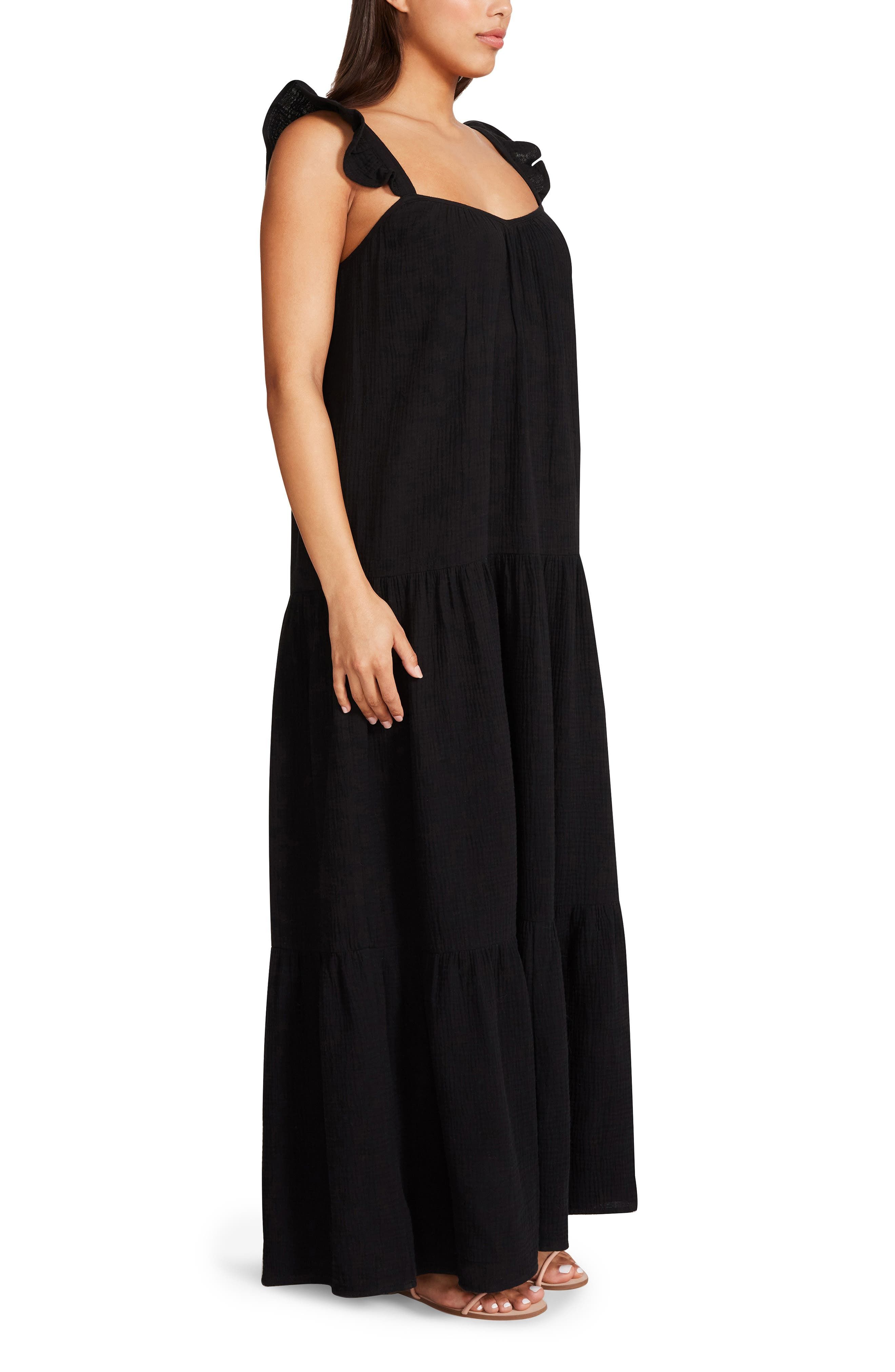 BB Dakota by Steve Madden Ella Flutter Strap Cotton Maxi Dress in Black at Nordstrom, Size Medium