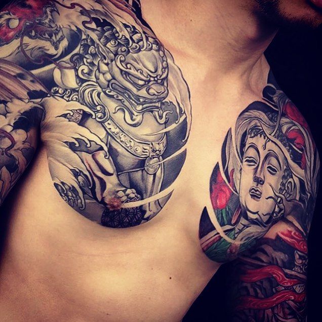 Dragon Chest Plate And Arm Sleeve With Red Chris Garver Dragon Sleeve Tattoos Japanese Sleeve Tattoos Chest Tattoo Japanese
