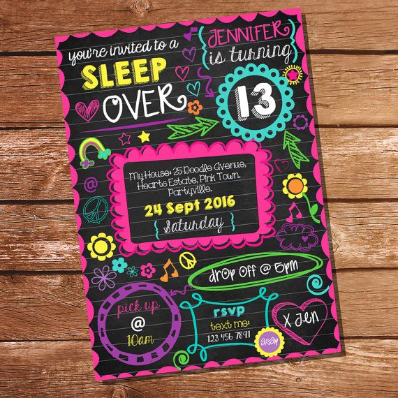 neon sleepover invitation tween girls sleep over party teenage sleepover invitations