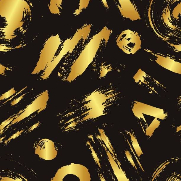 Vector colorful seamless pattern with brush strokes and dots. Gold gradient color on black background. Hand painted grange texture. Ink geometric elements. Fashion modern style. Unusual векторная иллюстрация Gold Gradient, Gradient Color, Grunge Textures, Cool Paintings, Brush Strokes, Black Pattern, Black Backgrounds, Seamless Patterns, Stretch Canvas