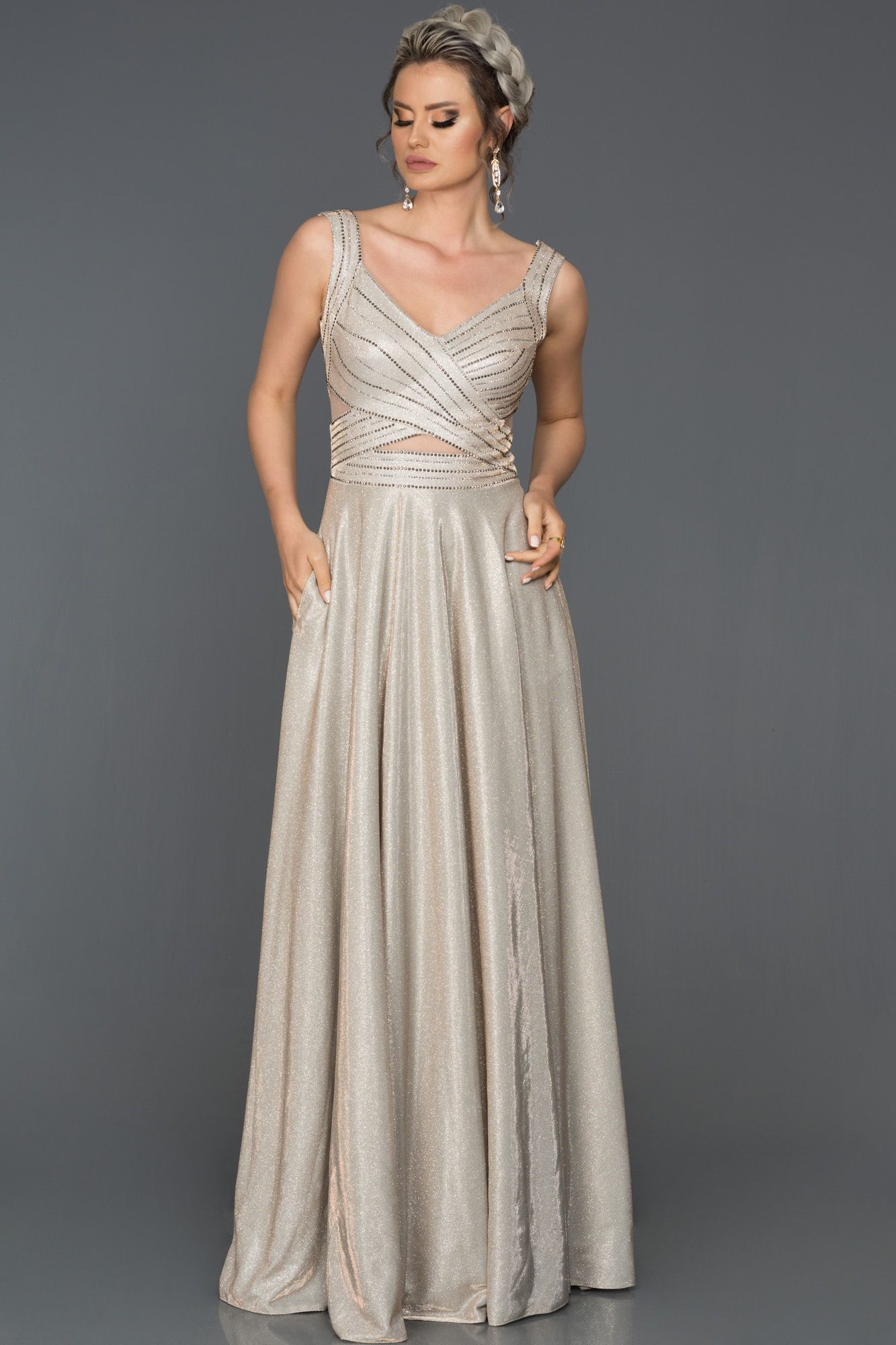 Vizon Tas Detayli Uzun Abiye Abu317 Aksam Elbiseleri The Dress Giyim
