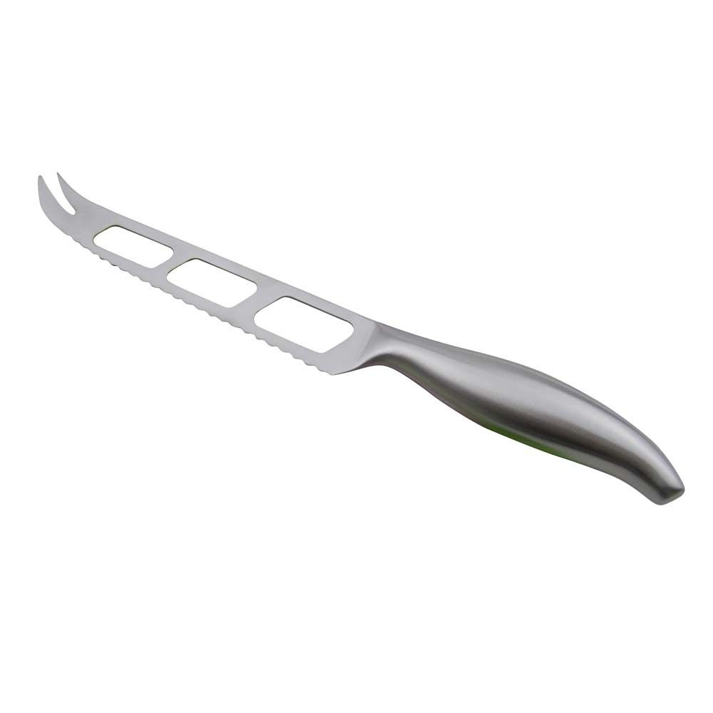 Full Stainless Steel Cutlery Cheese Knife with Hole Material : 2Cr13 S.S. Blade, 430 S.S. Handle. Type : Cheese Knives. Size : Common. Packaging : Single. Cheese Knives Type : Flat Cheese Knife. Certification : FDA, LFGB, CE/EU, CIQ, EEC. Blade Finished : Satin Polish. Cheese Knife, Stainless Steel Cutlery, Knives, Blade, Common, Holes, Packaging, Handle, Satin